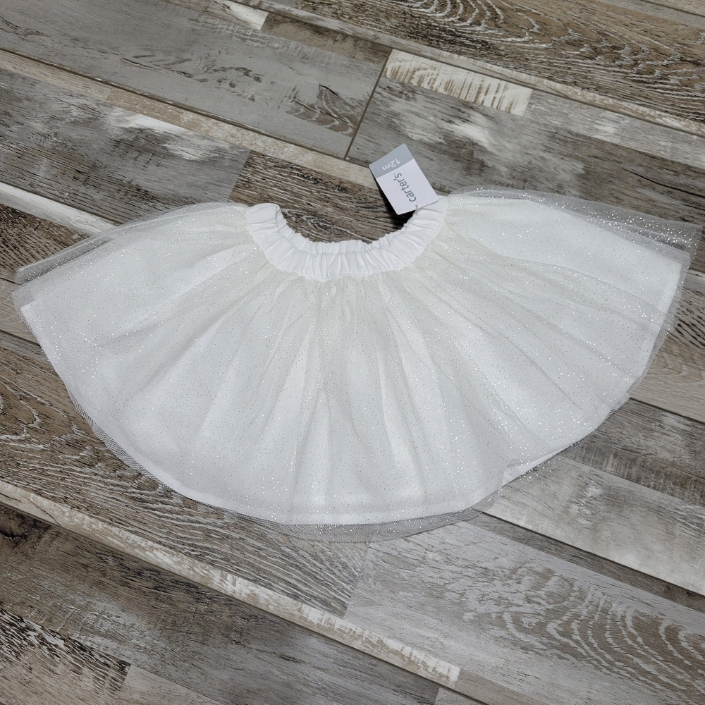New Baby Girl Carter's White Silver Glitter Puff Skirt Size 12M